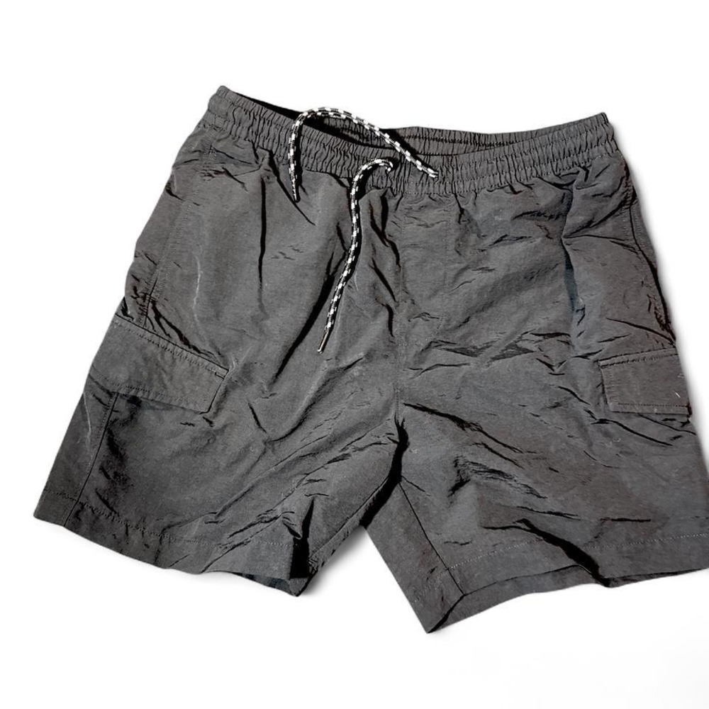 Original Use Mens Cargo Swim Trunks Black Elastic Waist Drawstring Shorts L